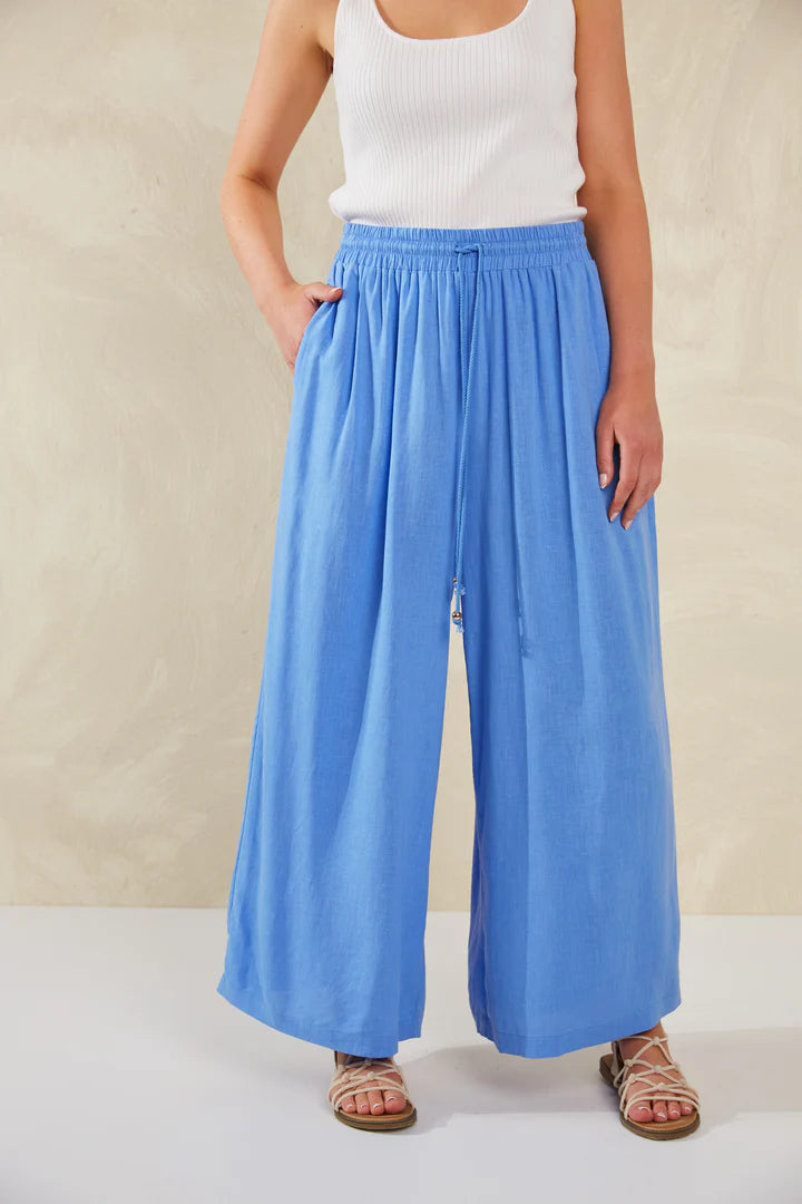 Wide-Leg Linen Blend Pants -  Blue