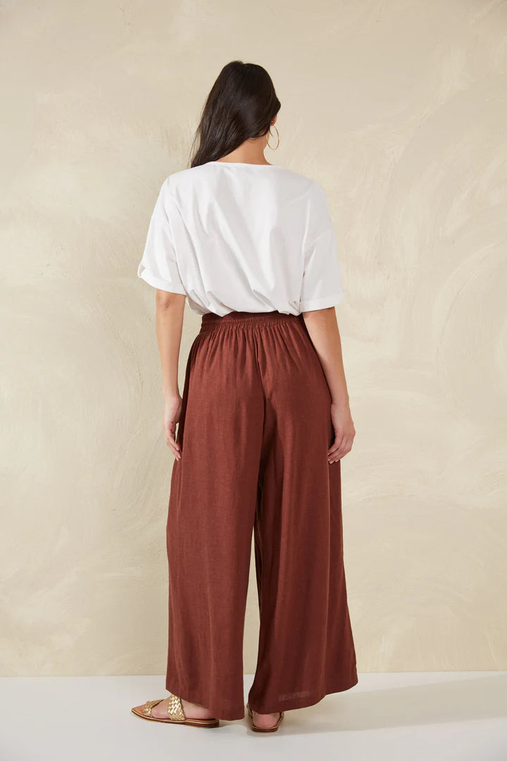 Wide-Leg Linen Blend Pants -  Brown