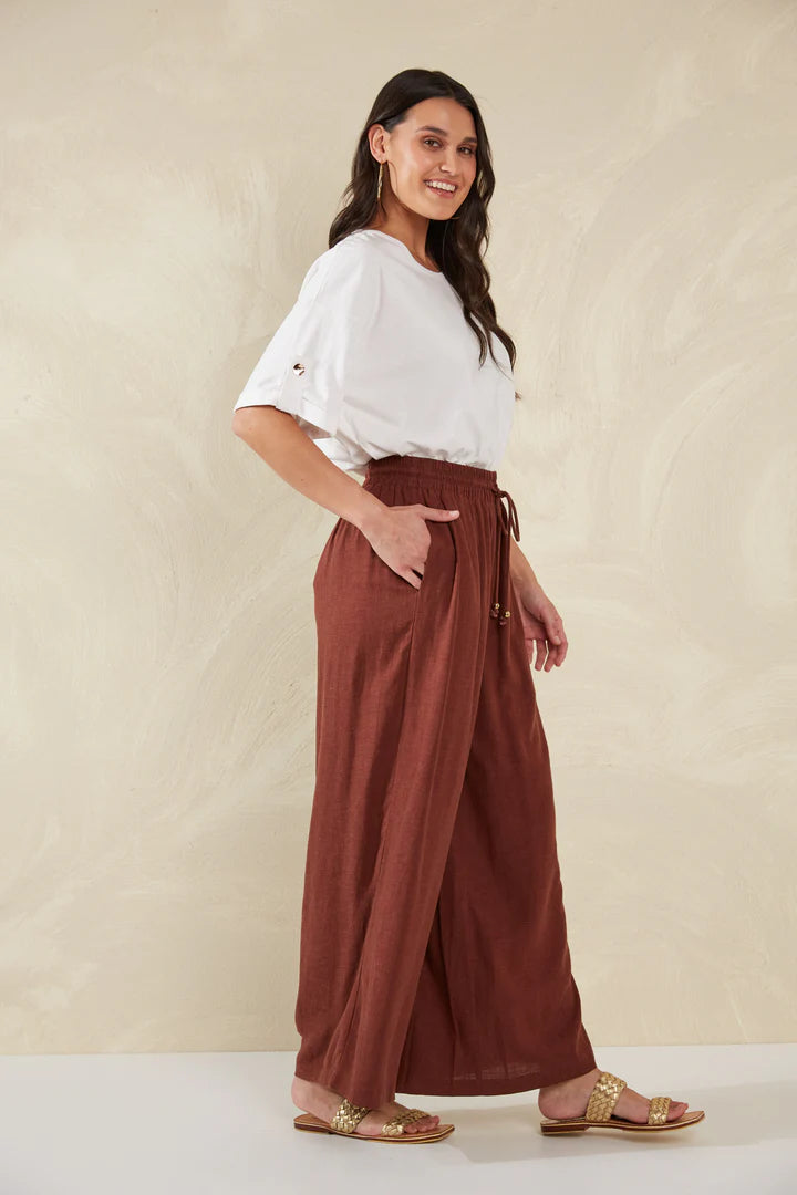 Wide-Leg Linen Blend Pants -  Brown