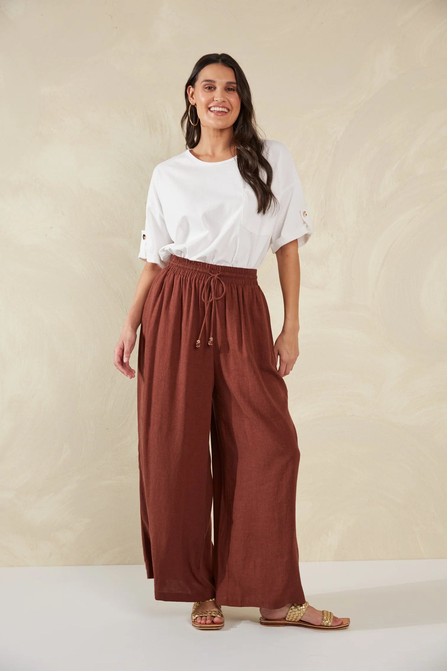 Wide-Leg Linen Blend Pants -  Brown