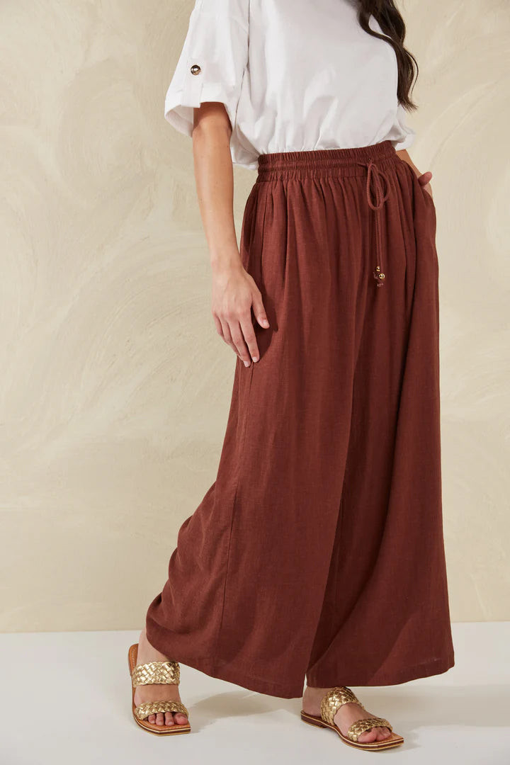 Wide-Leg Linen Blend Pants -  Brown