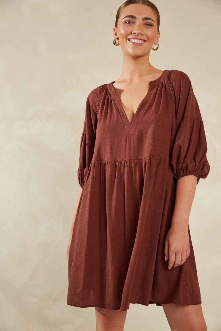 Florence Linen Blend Dress - Brown