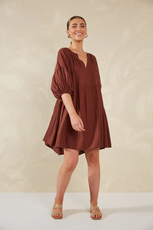 Florence Linen Blend Dress - Brown