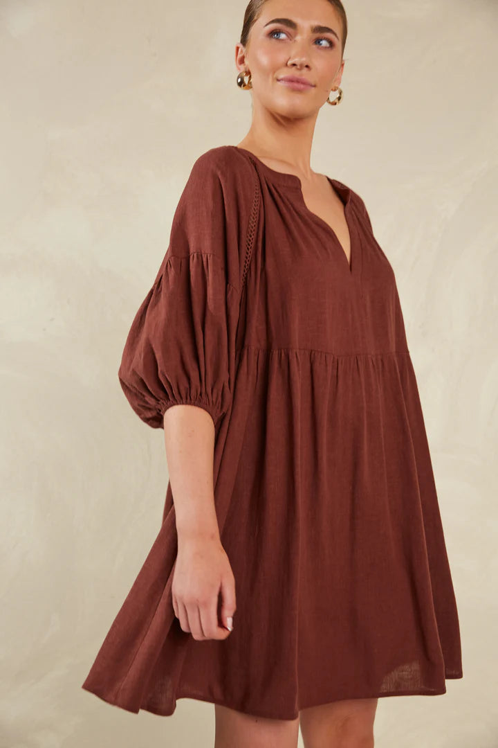 Florence Linen Blend Dress - Brown