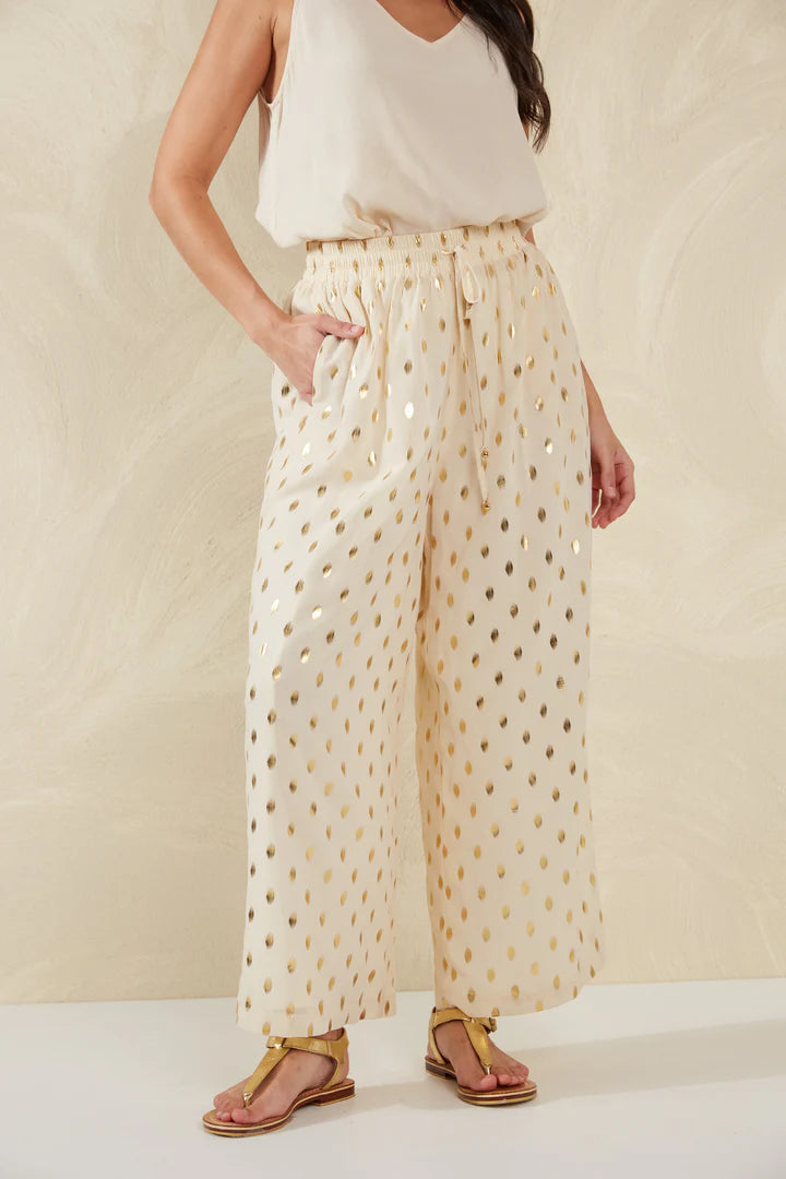 Gold Foil Wide-Leg Pants - White