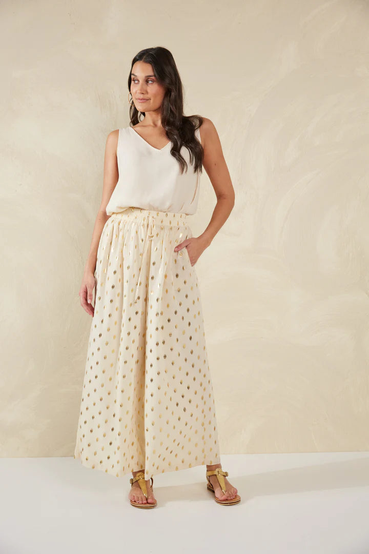 Gold Foil Wide-Leg Pants - White