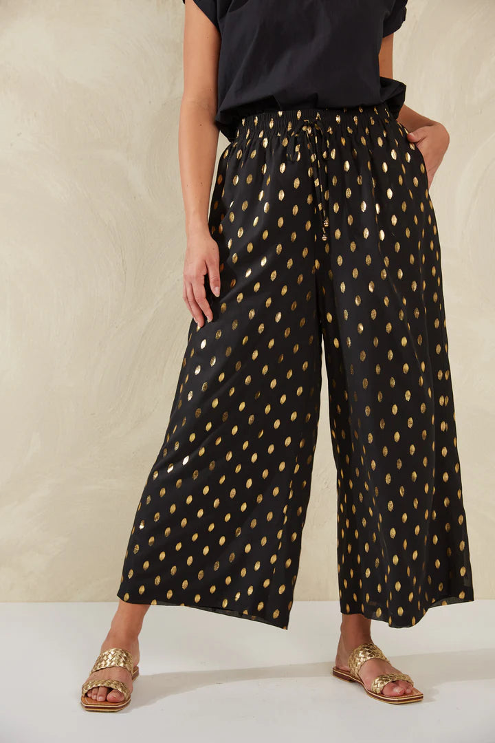 Gold Foil Wide-Leg Pants - Black