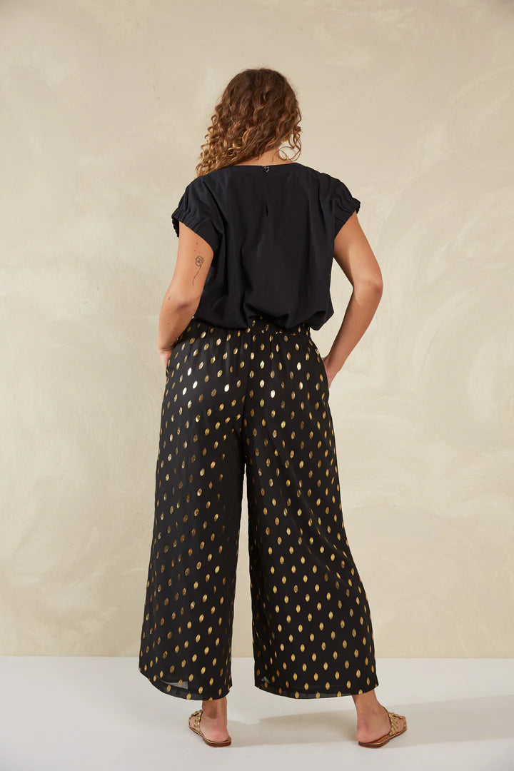 Gold Foil Wide-Leg Pants - Black