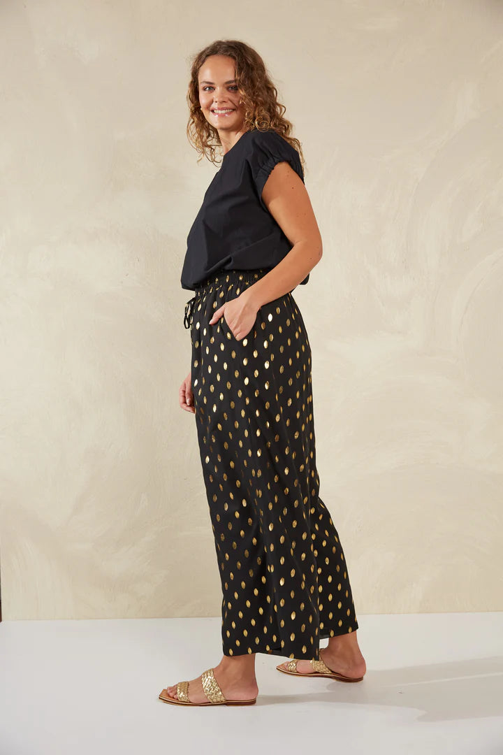 Gold Foil Wide-Leg Pants - Black