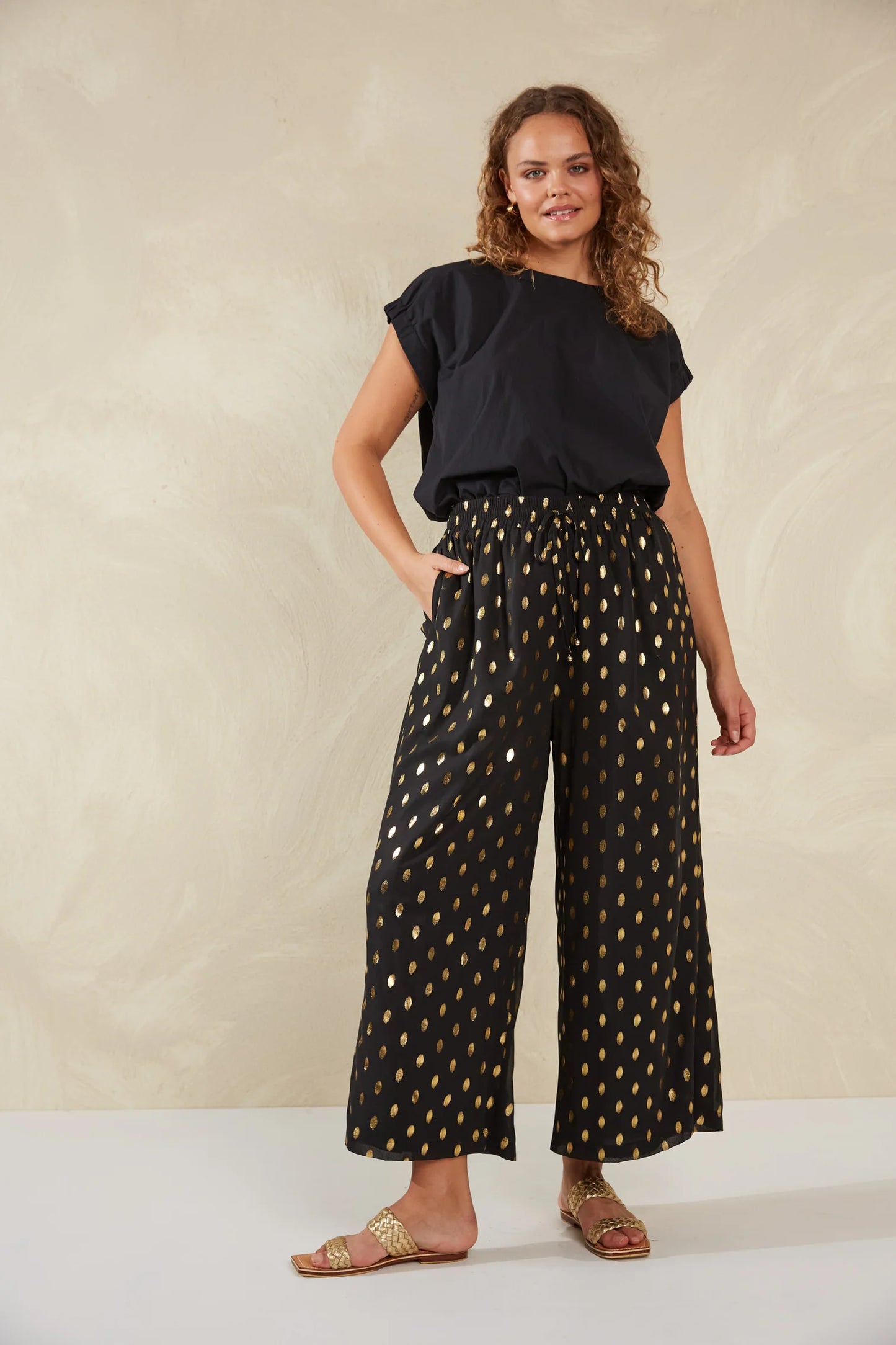 Gold Foil Wide-Leg Pants - Black