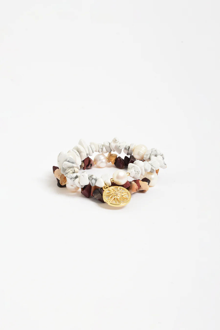 Sun Charm Stone Chip Pearl Stretch Bracelet – Chocolate/White