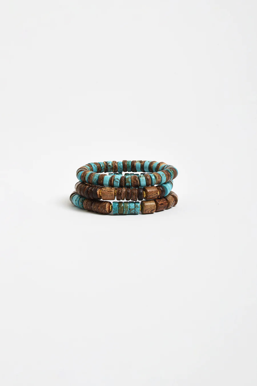 Trio Stone & Timber Stretch Bracelet Set – Turquoise/Chocolate