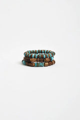 Trio Stone & Timber Stretch Bracelet Set – Turquoise/Chocolate