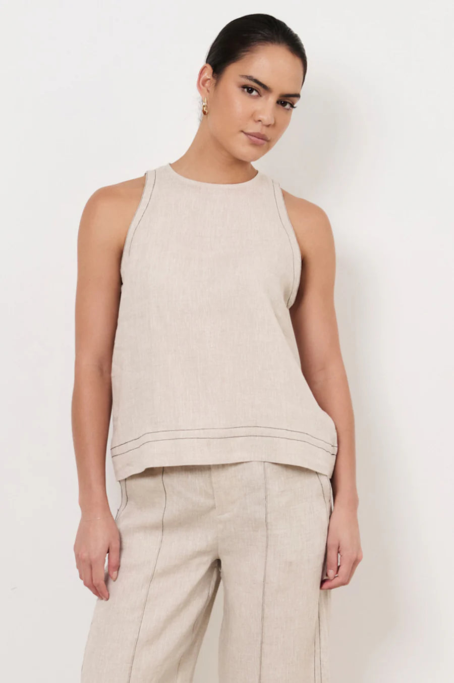 Kensley Contrast Stitch Linen Top – Natural