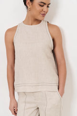 Kensley Contrast Stitch Linen Top – Natural