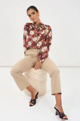 Sheer Long Sleeve Floral Print Frill Shirt