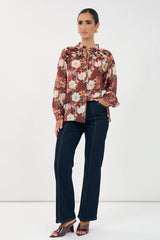 Sheer Long Sleeve Floral Print Frill Shirt
