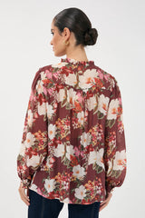 Sheer Long Sleeve Floral Print Frill Shirt