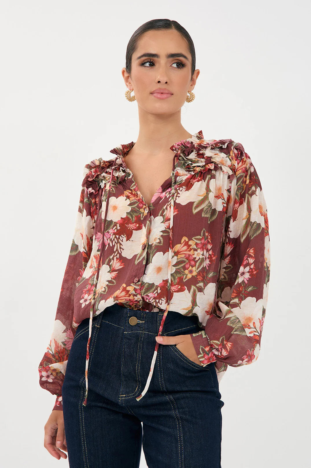 Sheer Long Sleeve Floral Print Frill Shirt