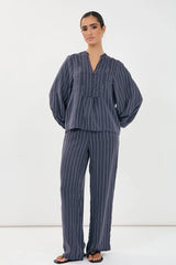 Striped Long Sleeve Blouse  – Navy