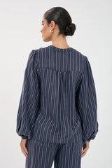 Striped Long Sleeve Blouse  – Navy