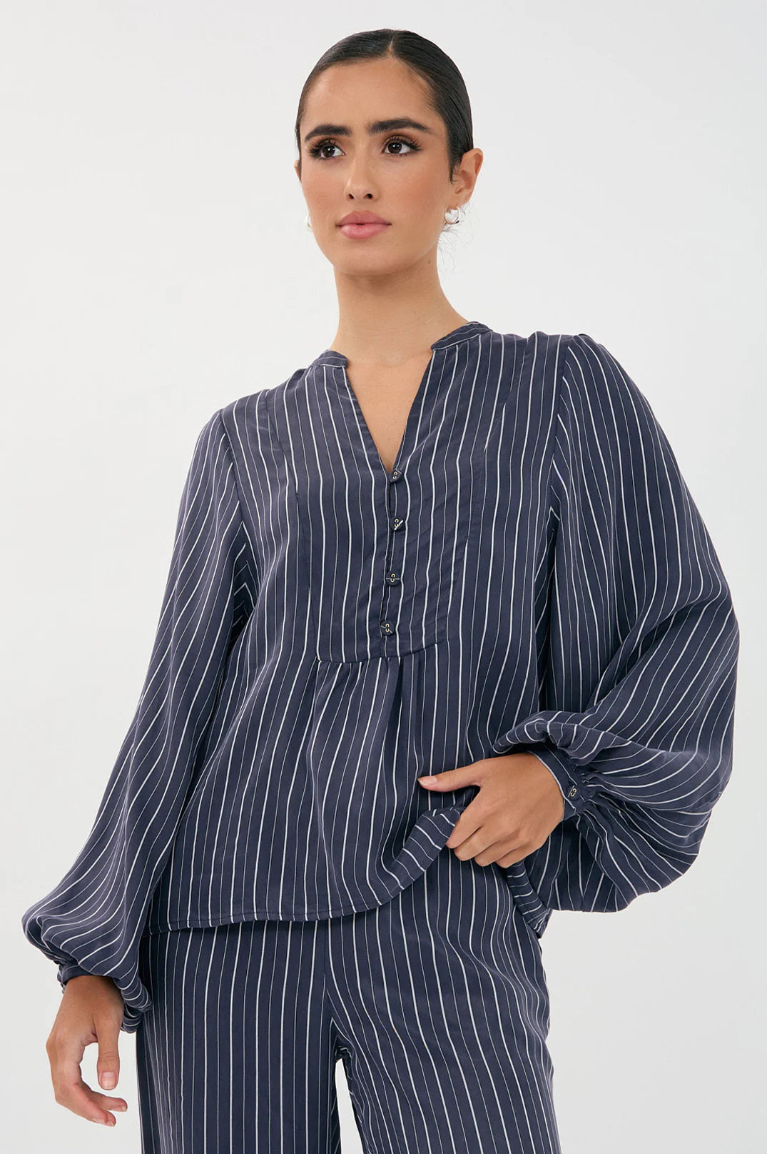 Striped Long Sleeve Blouse  – Navy