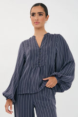 Striped Long Sleeve Blouse  – Navy