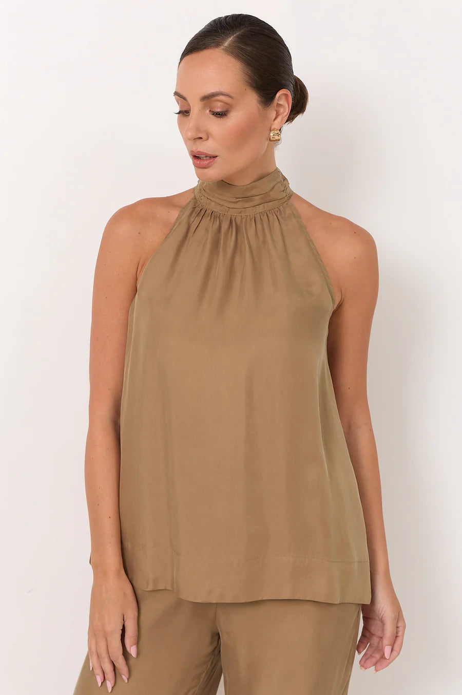 Kendra High Neck Cupro Top – Mocha