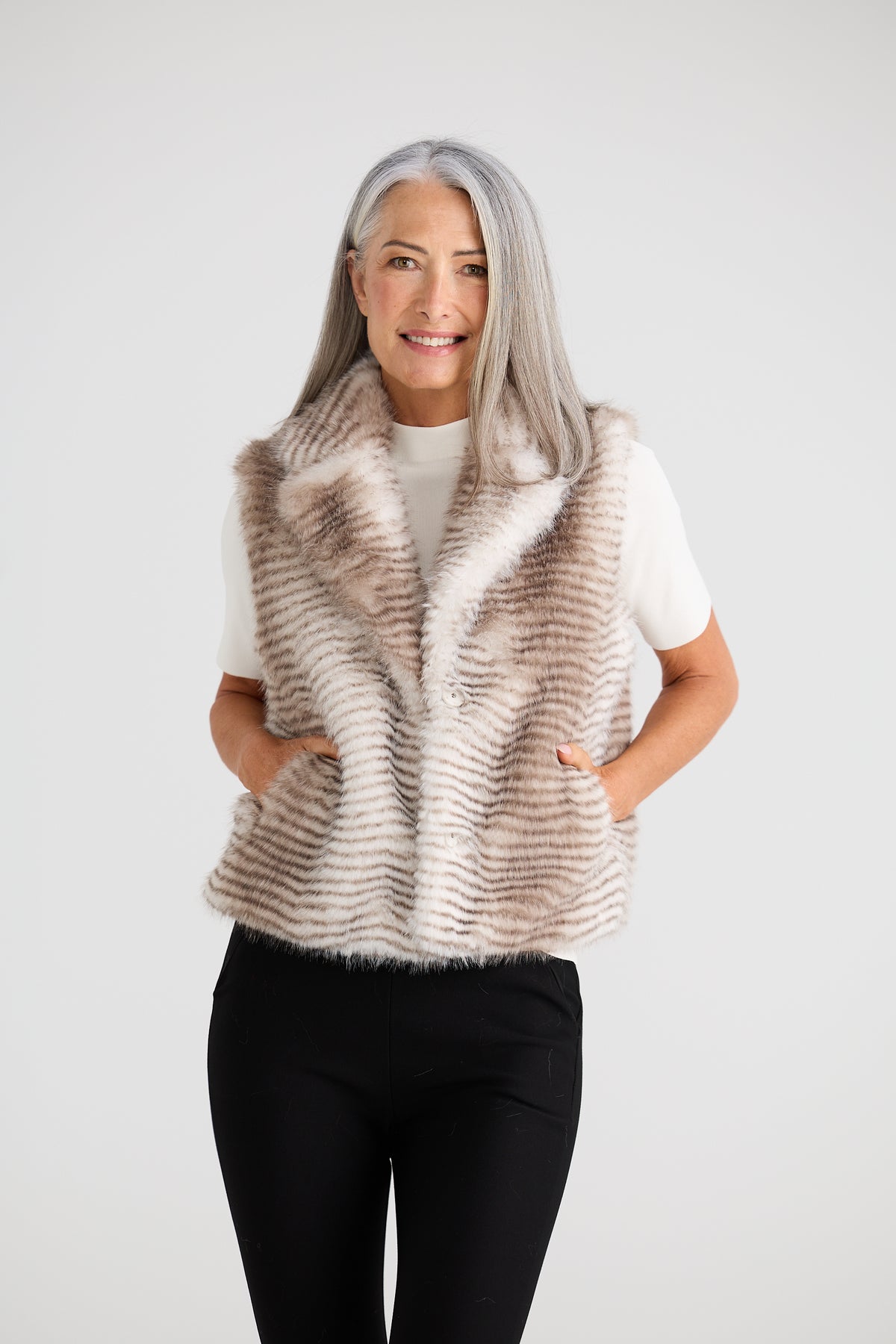 Brave & True Zee Fur Vest Grey Stripe