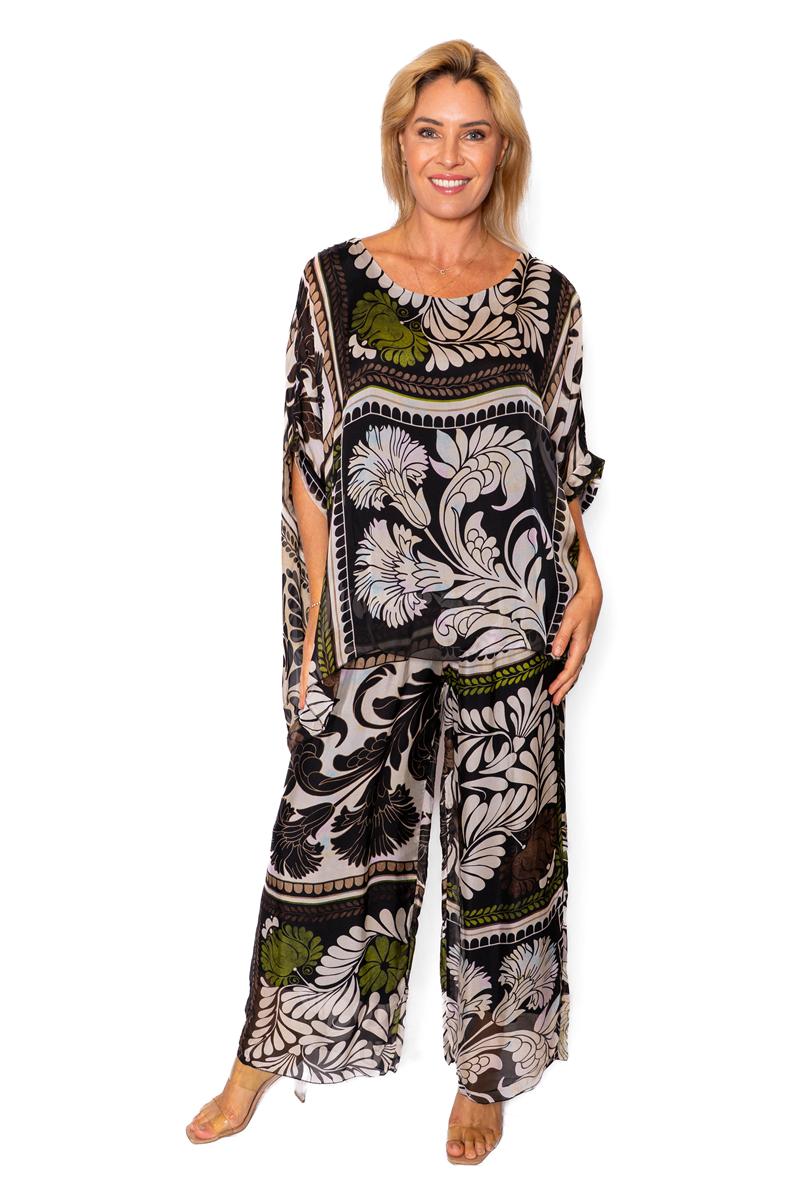 Mural Black Tile Print Batwing Silk Top