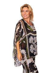 Mural Black Tile Print Batwing Silk Top