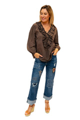Chablis Voile Frill Shirt –  Chocolate