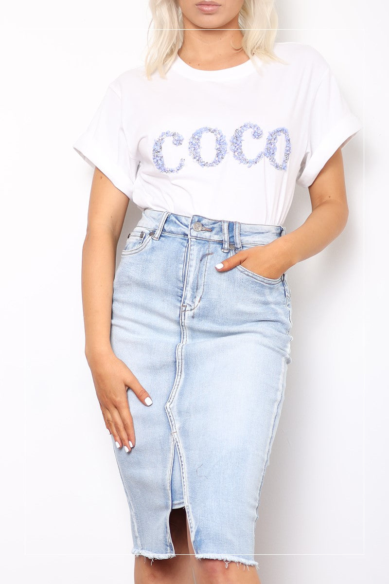 Coco T-Shirt White With Lavender Embellishment