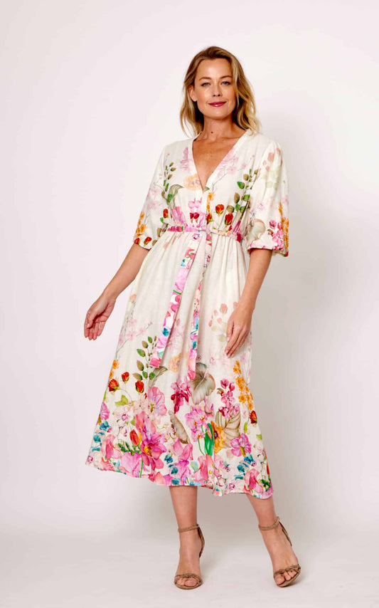 Belted Floral Linen Dress Cream