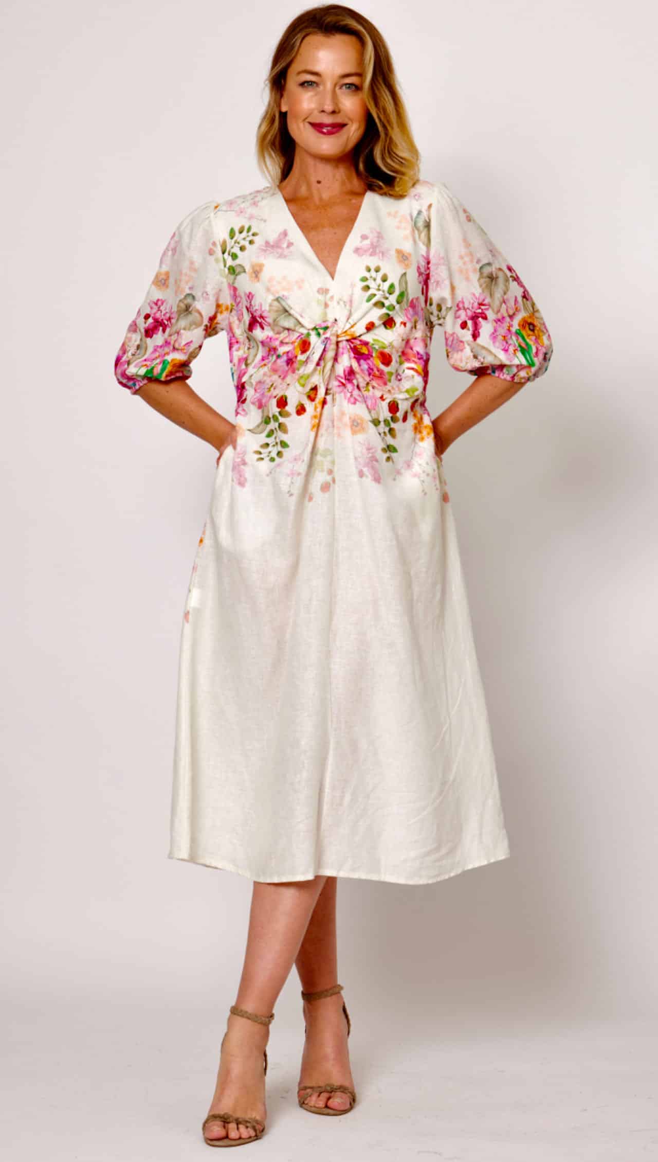 Knotted Floral Linen Dress Cream