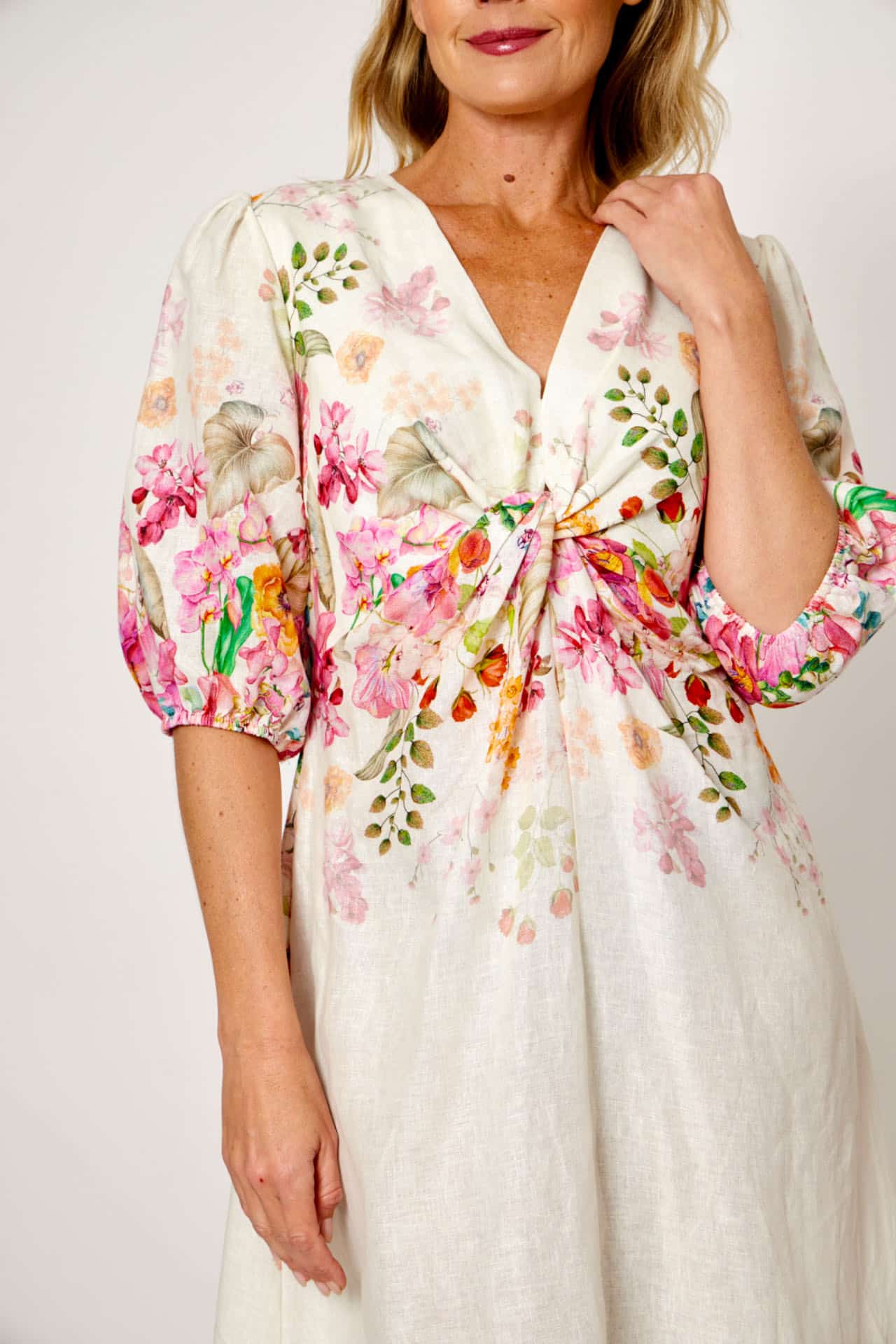 Knotted Floral Linen Dress Cream