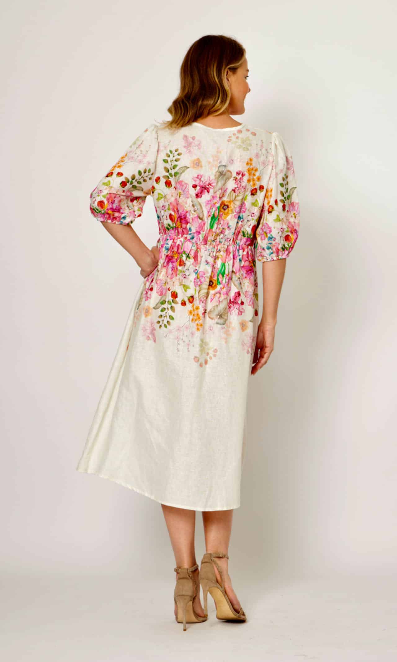 Knotted Floral Linen Dress Cream