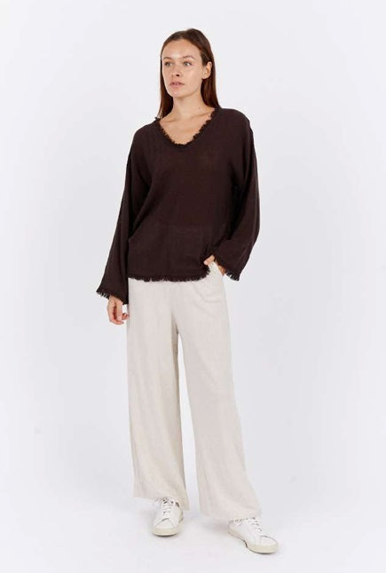 Emi Frayed Ramie V Neck Tunic Chocolate