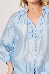 Applique Embroidery Button Shirt Blue