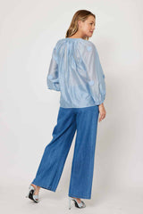 Applique Embroidery Button Shirt Blue