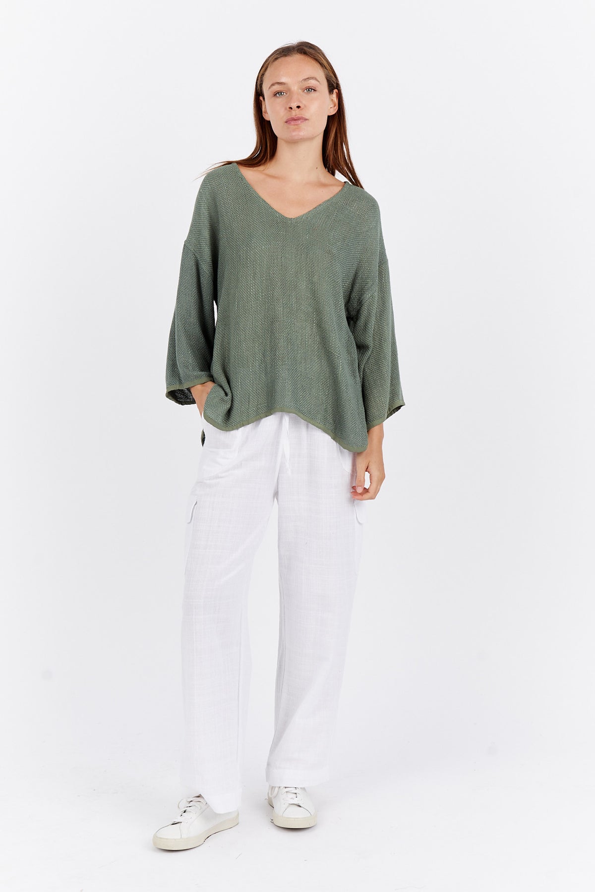Estelle V Neck Hessian Top Sage Leaf Green