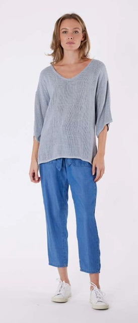 Estelle V Neck Hessian Top Slate Blue