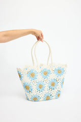 Holiday Florentine Basket in cream with baby blue floral crochet, product shot