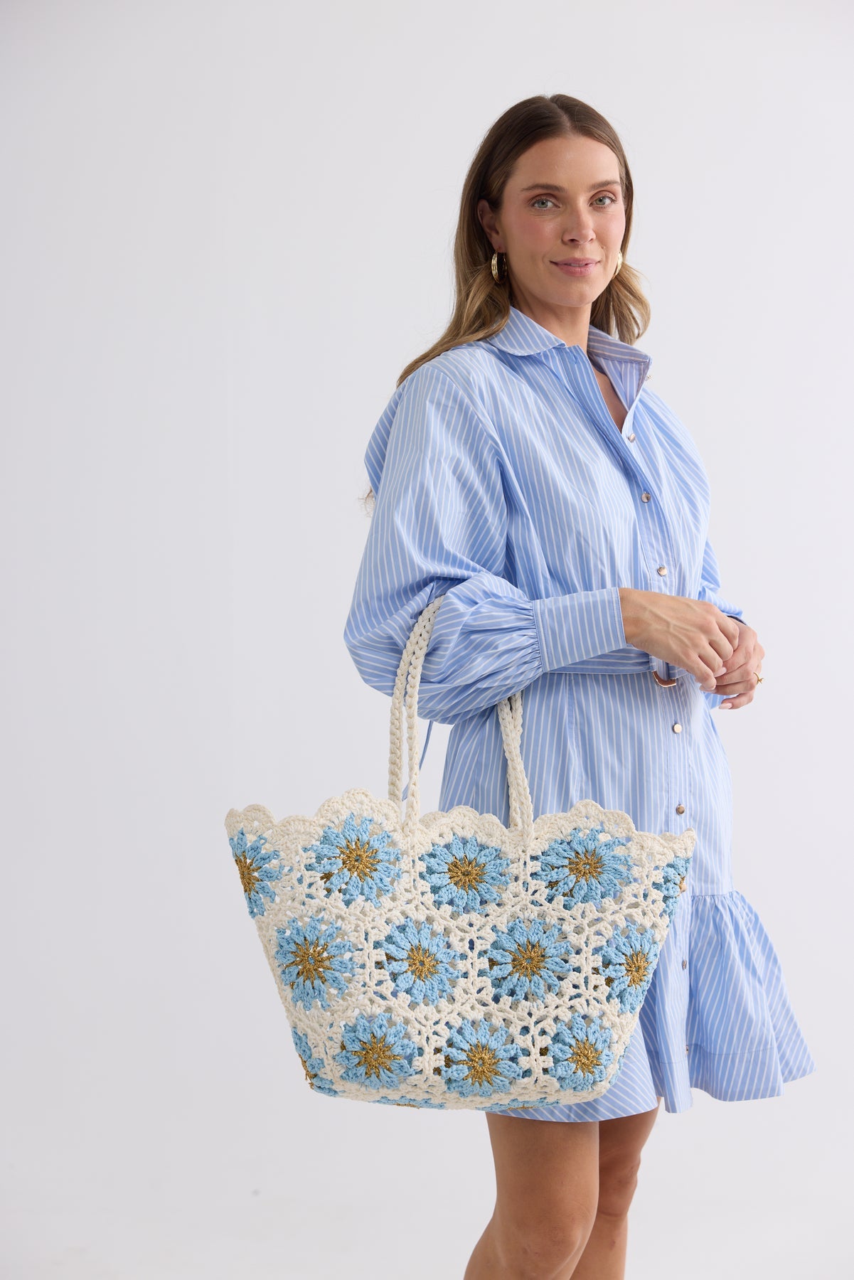 Holiday Florentine Basket styled with a blue stripe dress