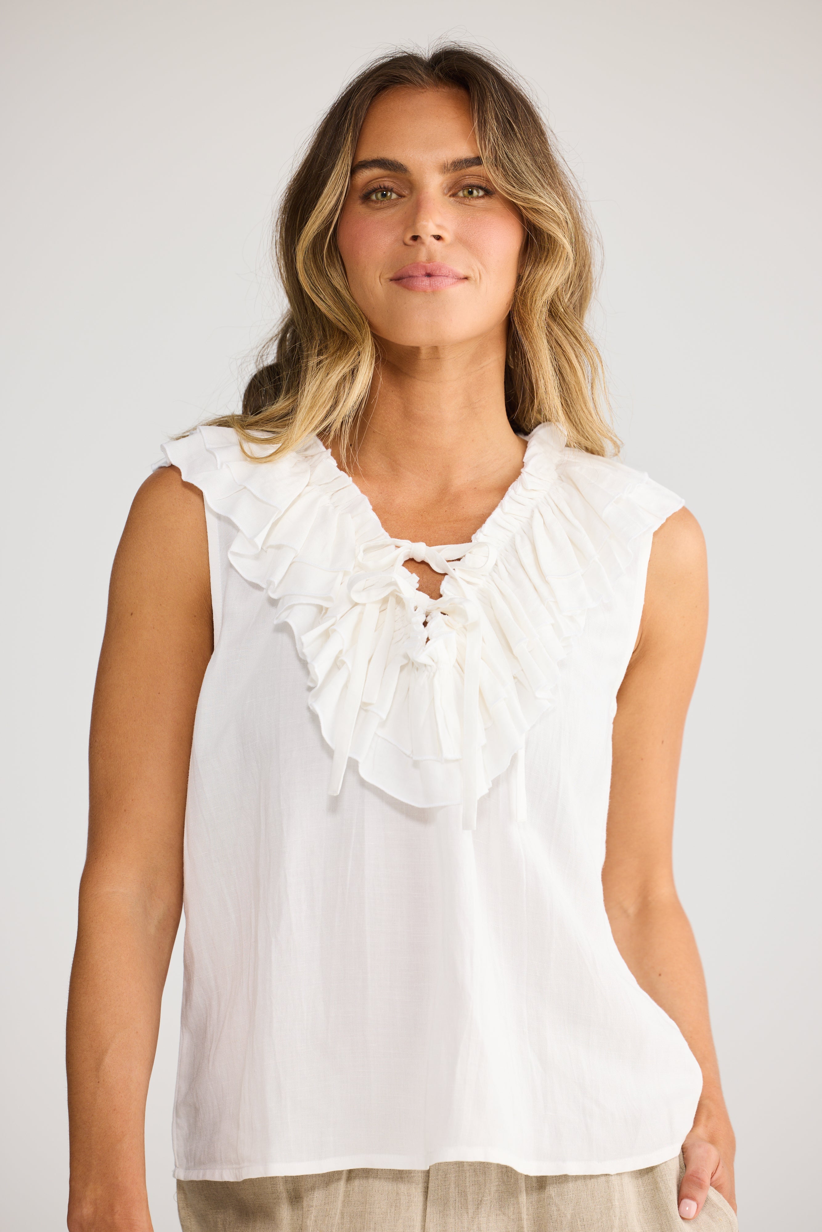 Holiday Elba Frill Top in White, front view