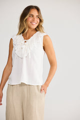 Holiday Elba Frill Top in White, neckline ties