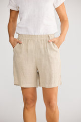 Holiday Captain Short in Natural Linen, cut-away pockets