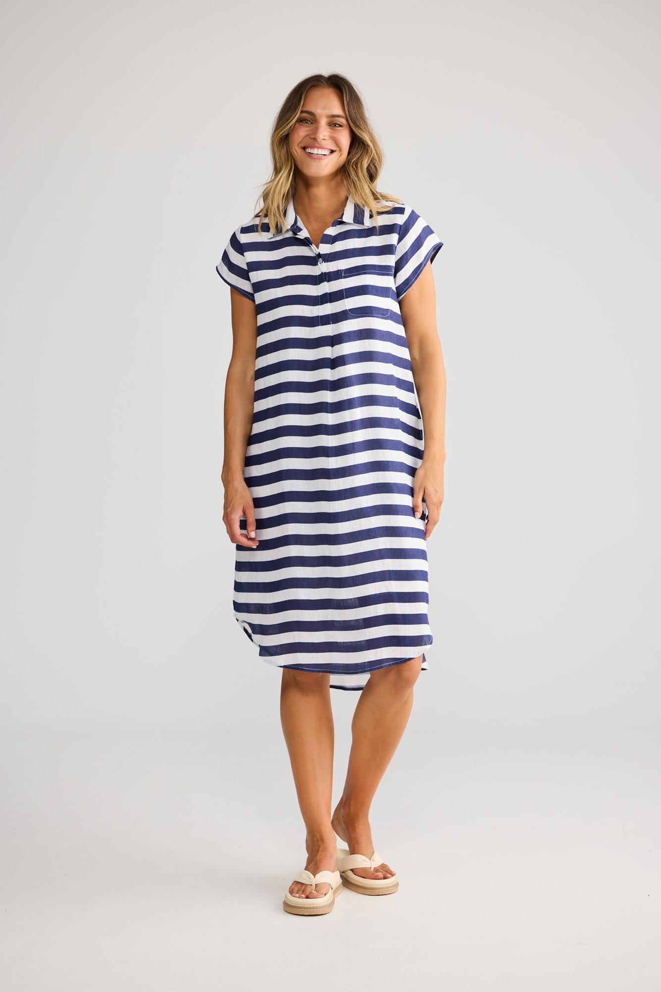 Holiday Ahoy Tunic in Navy Stripe, side view