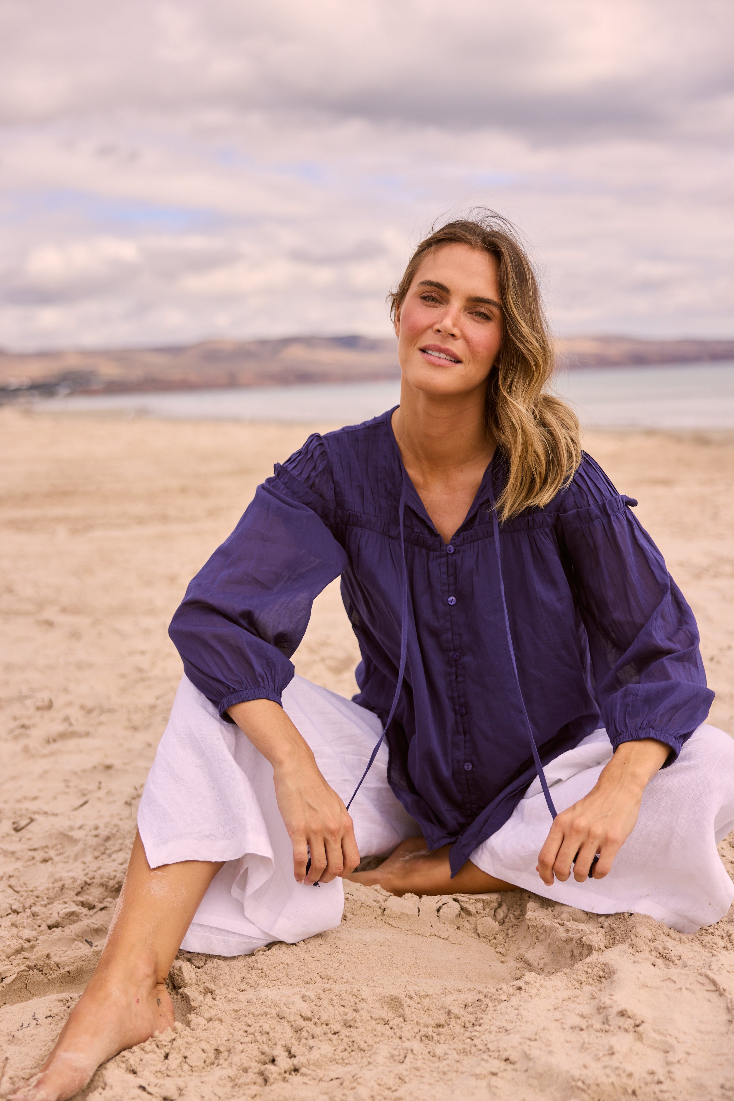 Holiday Aella Blouse in navy styled outfit