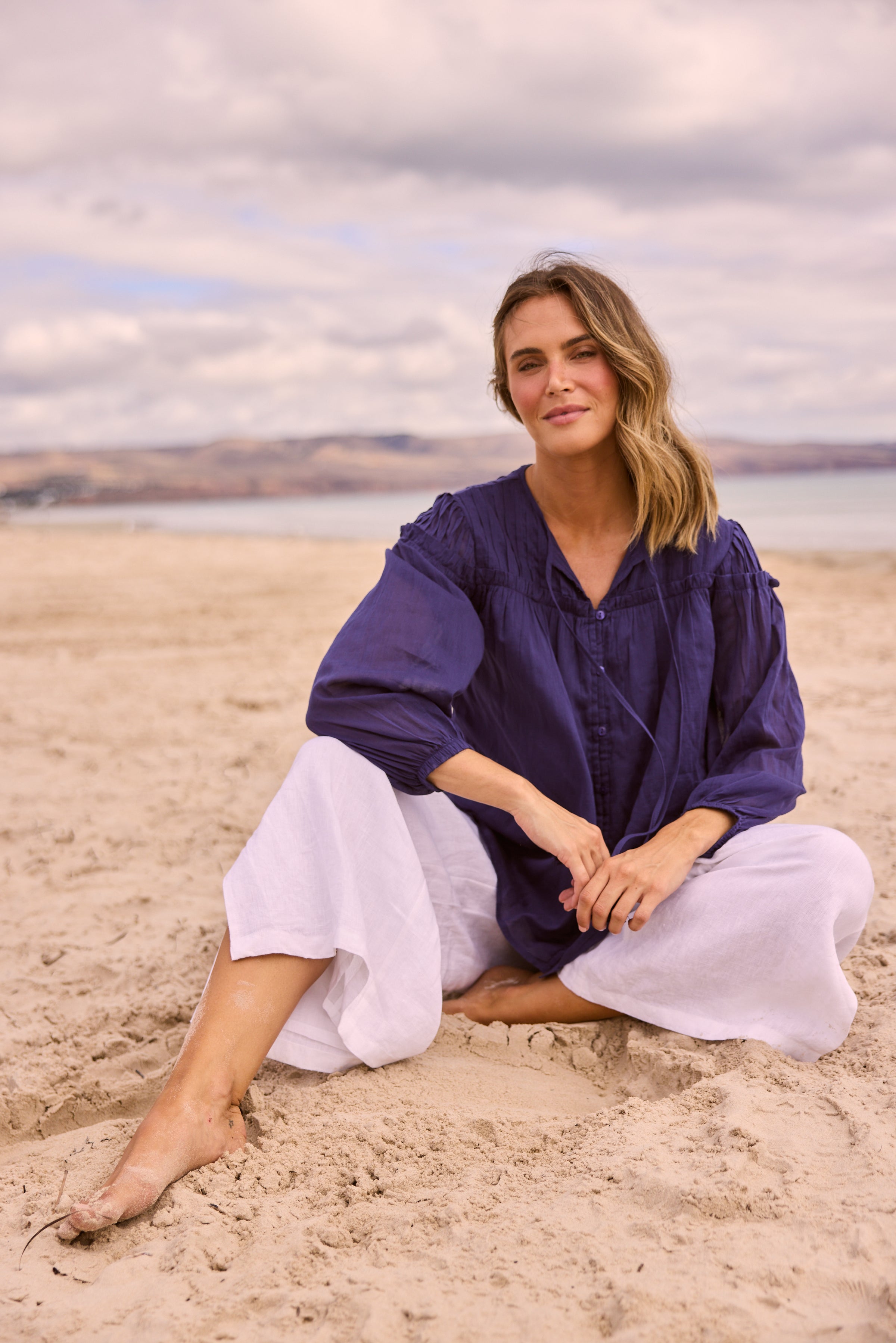 Holiday Aella Blouse in navy styled outfit
